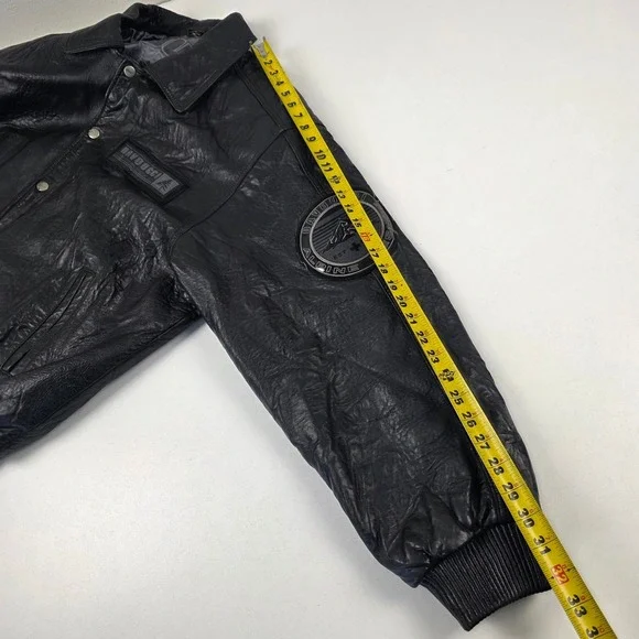 VTG DAVNUCCI Mens Black Genuine Leather Bomber Jacket PatchesXL Can fit 2XL